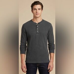 Vintage Campus Crew Grey Waffleknit Henley Long Sleeve Shirt - Size Small